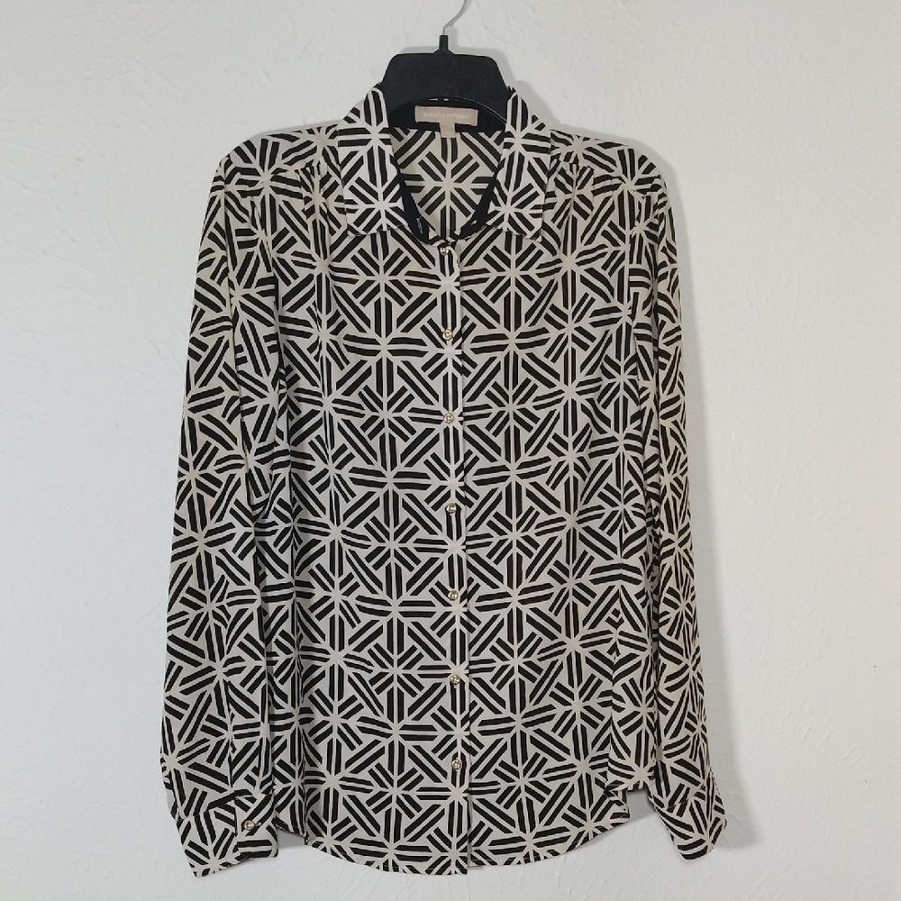 Banana Republic Black and Cream Patterned Button Up Blouse Size M